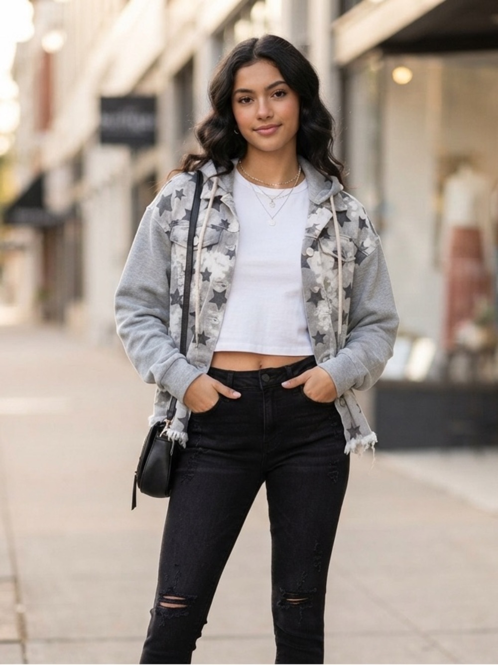 Gray Star-Print Hooded Jean Jacket